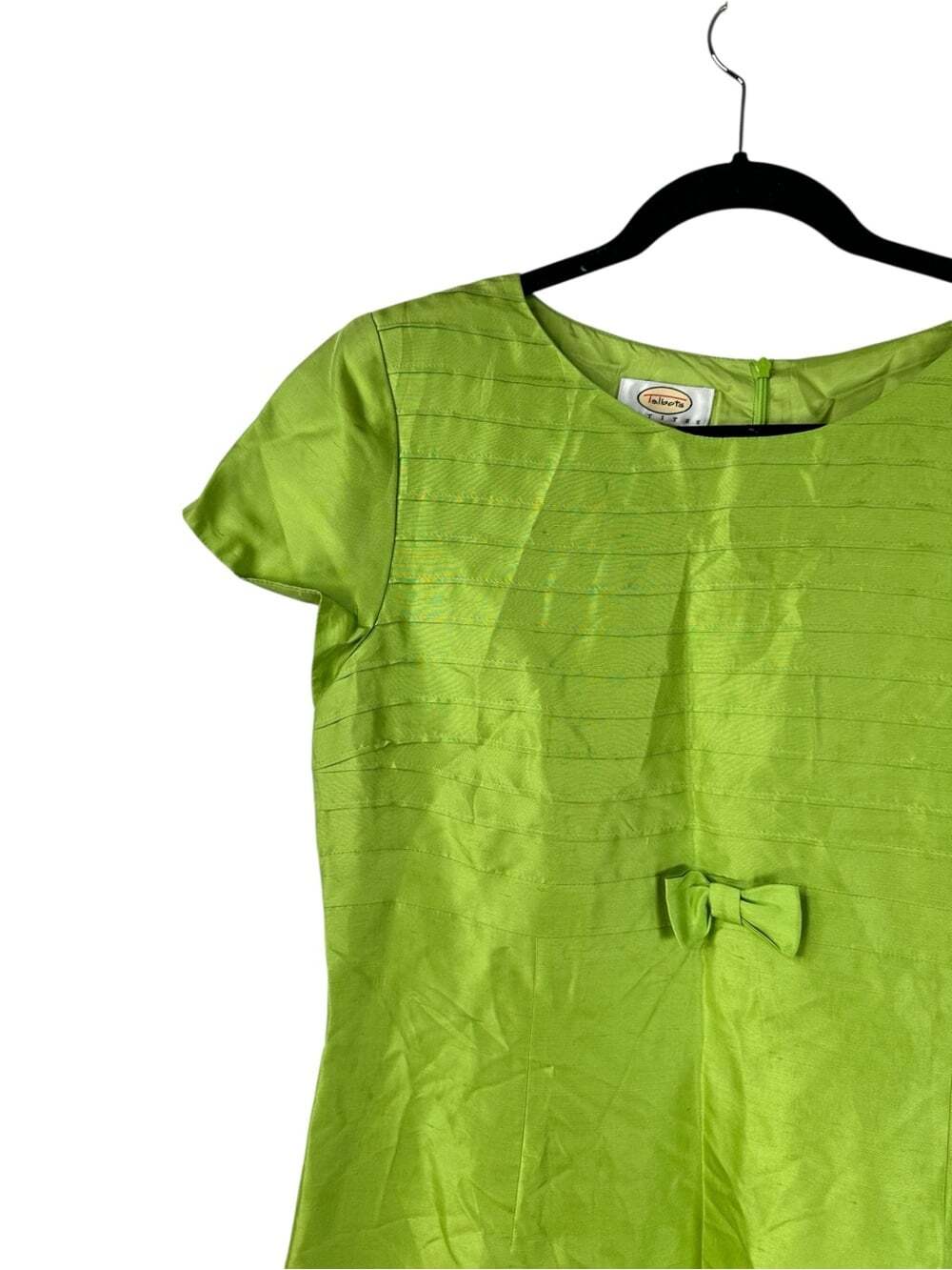 Talbots 100% Silk Sheath Dress 14P Chartreuse Green Bow Waist Petite Cocktail - Picture 3 of 16